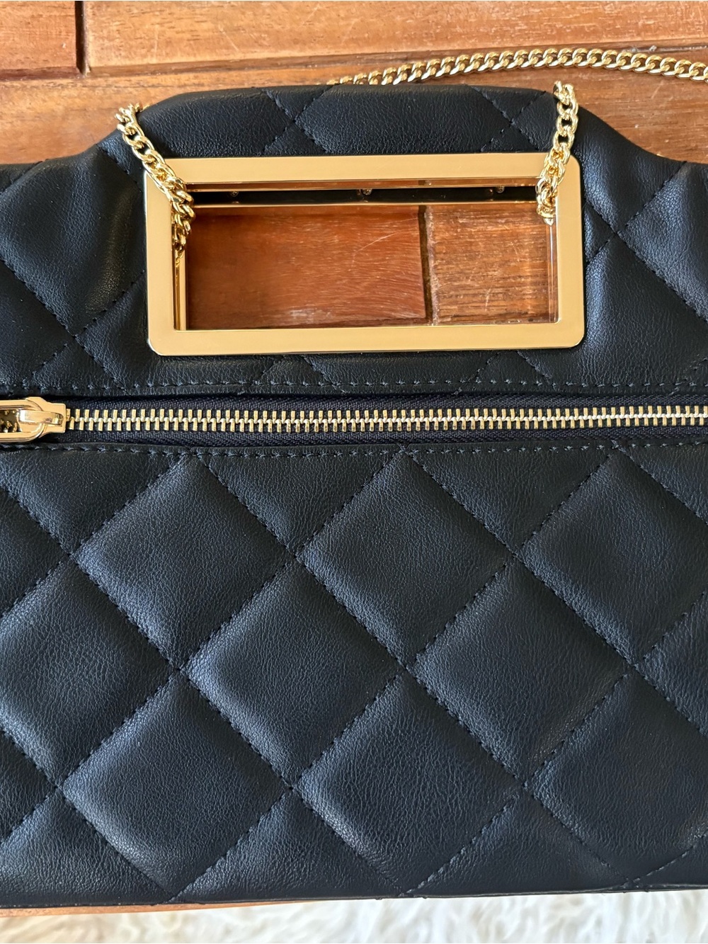 INC International Concepts Black Quilted Clutch with Gold Chain